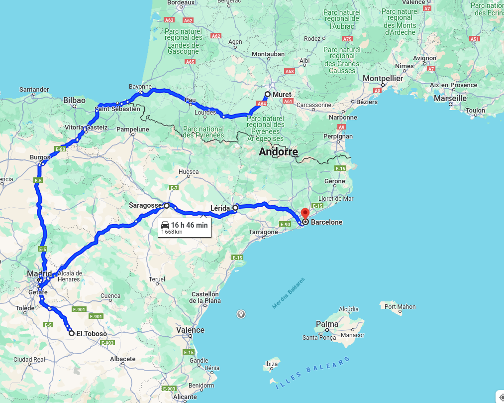 Itinéraire de Muret à El Toboso puis itinéraire Don Quichotte